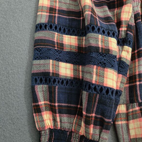 Torrid Womens 1X Babydoll Rayon Slub Lace Inset Smocked Tiered Plaid Navy Blouse - Picture 3 of 16